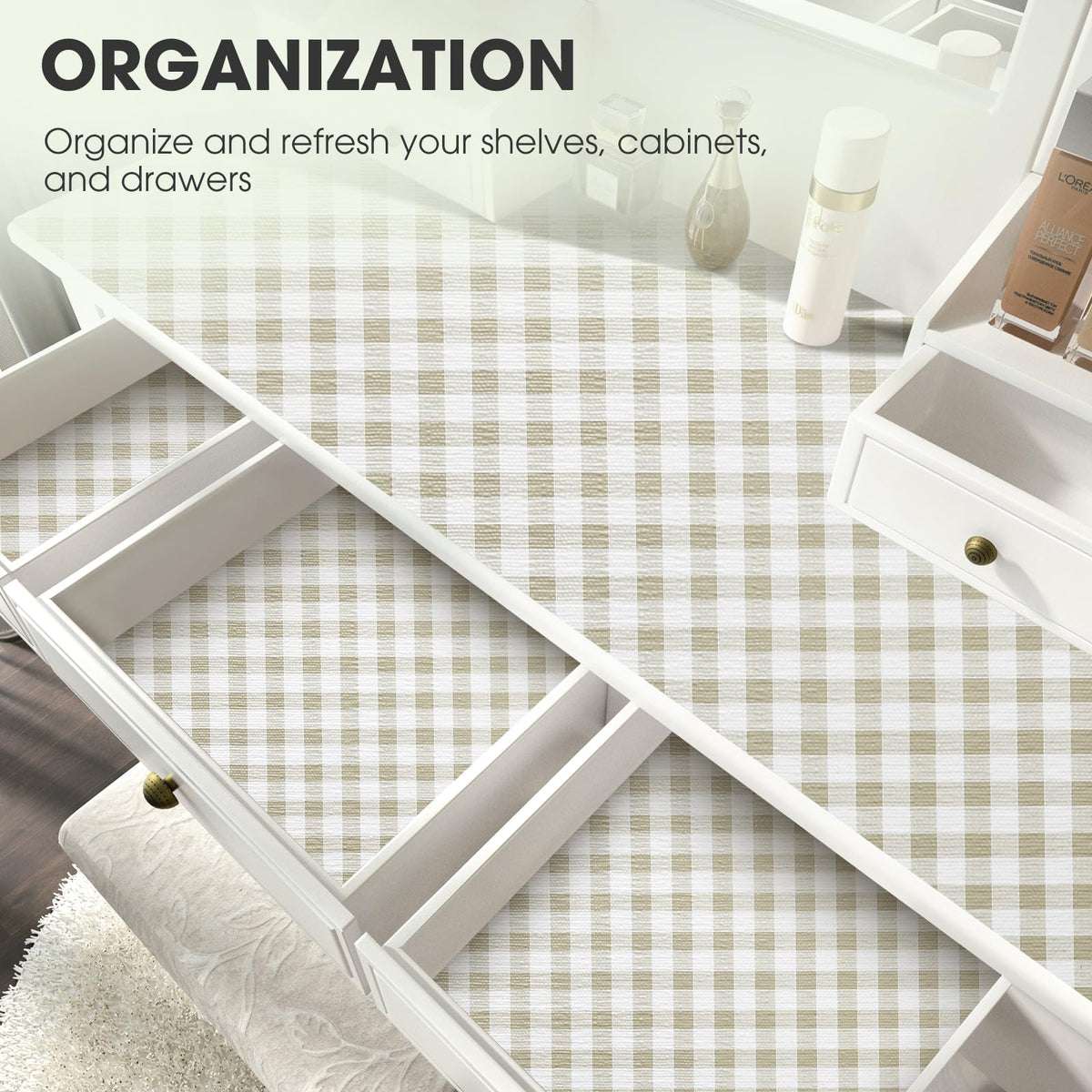 ALIUNI Drawer and Shelf Liner, Non-Slip Kitchen Cabinet Liners Non-Adhesive Thick Strong Grip Waterproof Washable Mats Protect Dresser Shelves Cupboard Bathroom Cabinets, Yellow Plaid, 12 in X 10 FT