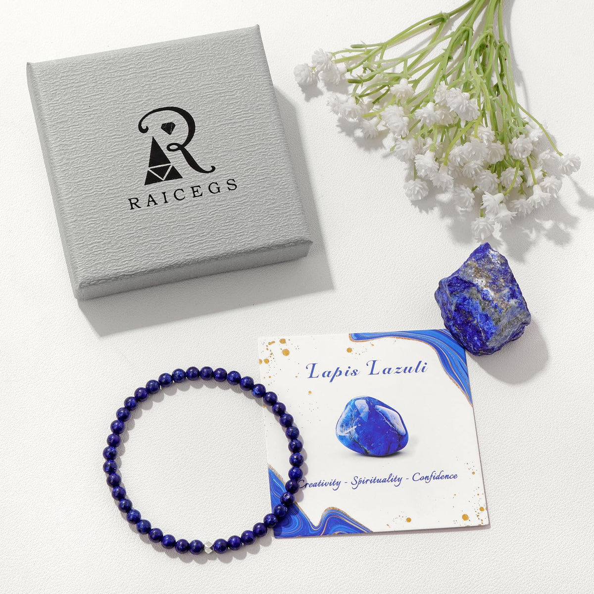 Raicegs 4MM Lapis Lazuli Bead Bracelets for Women Men Healing Crystal Bracelet Natural Stone Handmade Stretch Bracelet Reiki Spiritual Jewelry