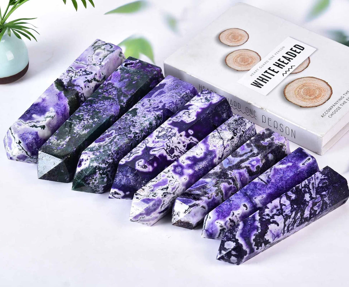 Purple Moss Agate Stone Tower Obelisk Healing Crystal Rock Point Wand Reiki Healing Gifts 1.1-1.7 LBS