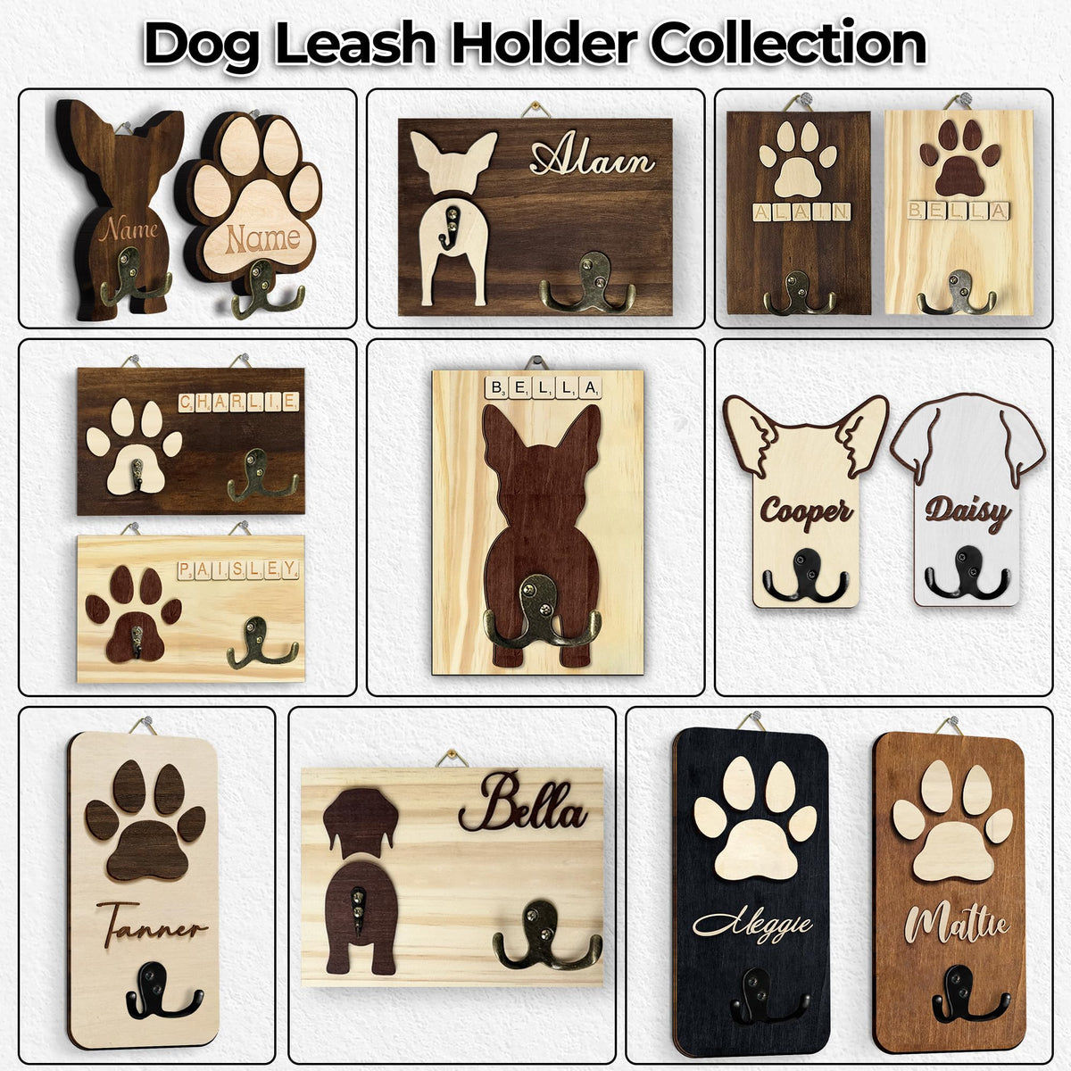 Boston Terrier Dog Leash Holder Wall Mount with Scrabble Letters, Wooden Dog Hook Organizer, Pet Collar and Harness Holder, Key and Leash Rack for Entryway, Gift for Pet Lovers, Home Decor PF297-15