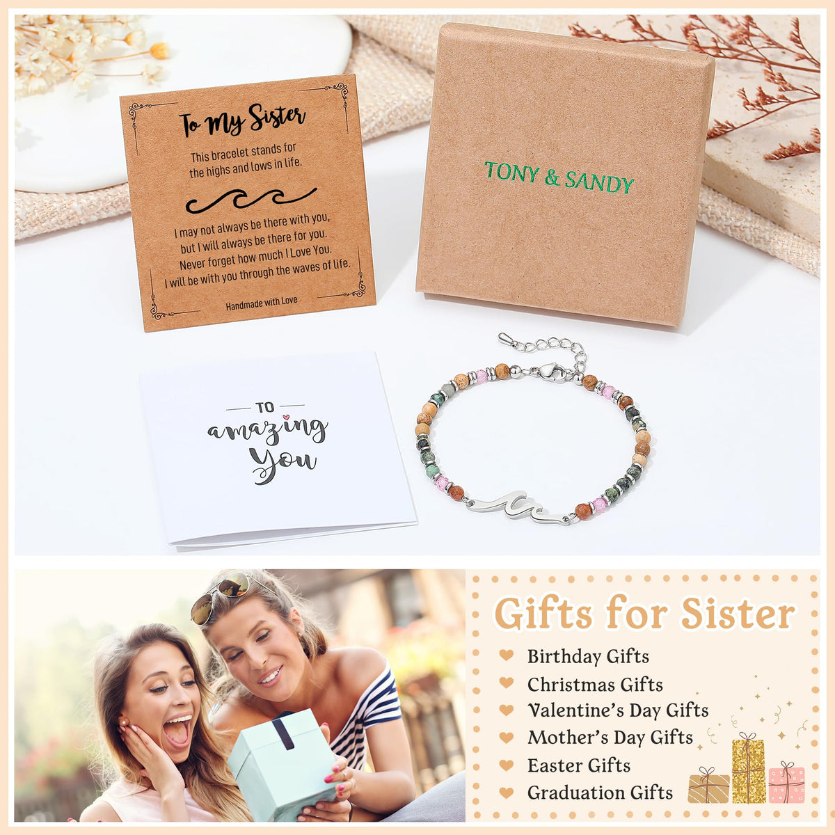 TONY & SANDY Sister Gifts, Graduation Her Mothers Day Gifts for Sister, Wave Bracelet for Women, Sisters Birthday Christmas Easter Unique Gift for Big Little Adult Soul Sisters Jewelry