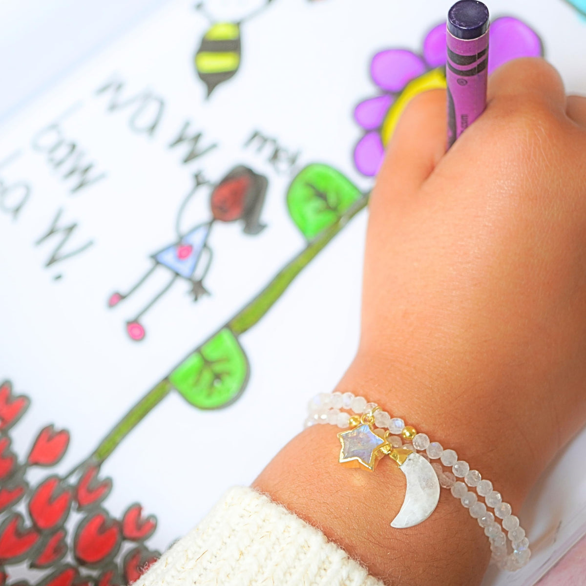 Moonstone Bracelet Birthday Gift for Girls, Toddler Bracelet with Certified 925 Sterling Silver 18K Gold Vermeil Moonstone Crystal Star Charm