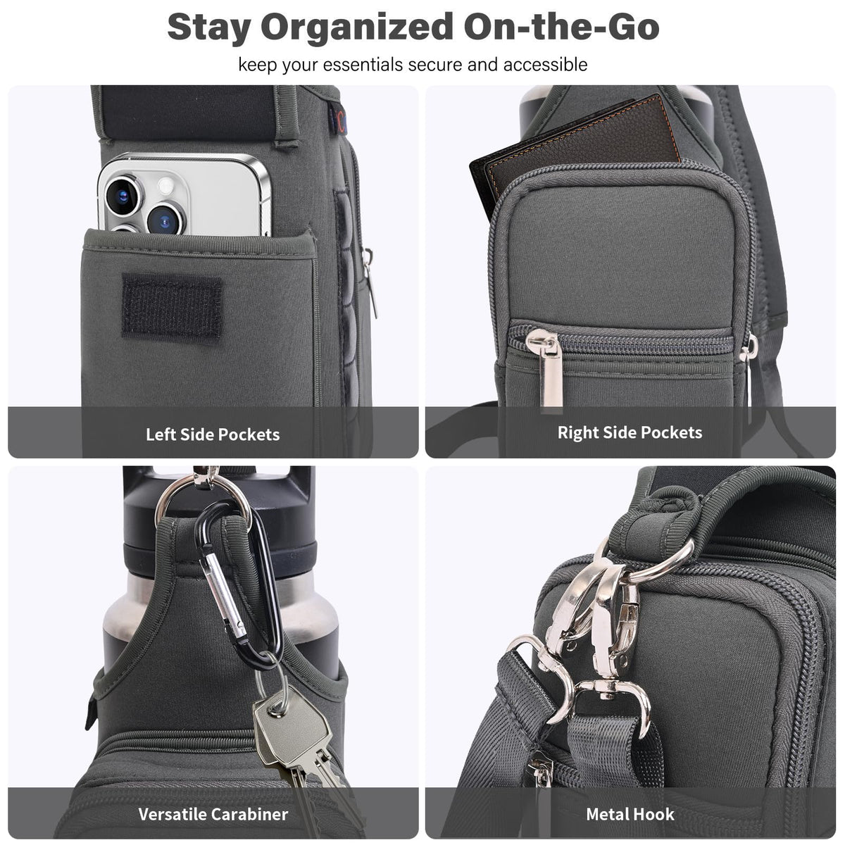 icolor Magnetic Gym Bag Water Bottle Carrier Holder with Phone Pockets & Shoulder Strap Small Gym Bag 5 Built-in Magnets Gym Accessories Organizer Magnetic Bottle Pouch for Men Women (Gray)