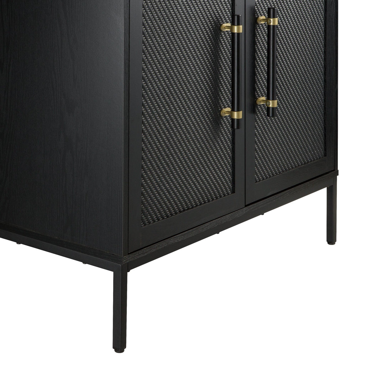 Hopper Studio Sophia 2-Door Accent Cabinet, Black Finish with Rattan Doors & Wood/Brass Handles, Adjustable Shelf, Aluminum Legs, Mid-Century Modern Storage for Luxury Living Room, Kitchen, Entryway