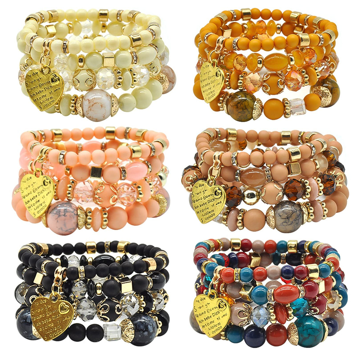 VONRU Bohemian Bracelet Sets for Women - 6 Sets Stackable Stretch Bracelets Multi-color Boho Jewelry for Women Hippie Bracelets Dainty Jewelry Best Friend Gift (Stackable bracelets with heart charm)