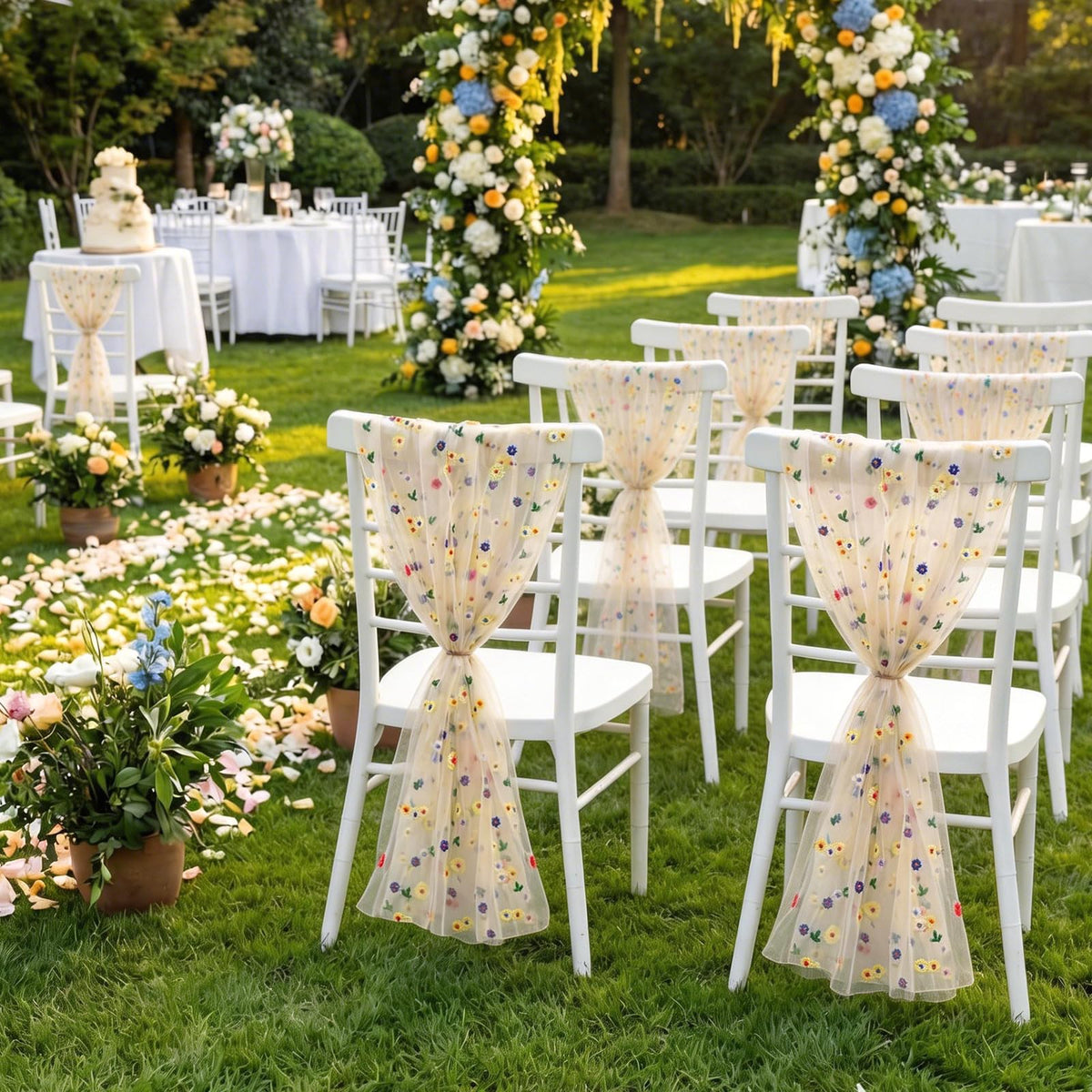 Jecery 16 Pcs Wedding Chair Decorations, Yellow Wildflower Chairs Sashes 6 x 108 Inch, Embroidered Tulle Chair Bows Ribbon Ties for Wedding Chairs Decor, Rustic Decor, Bridal Shower, DIY Craft