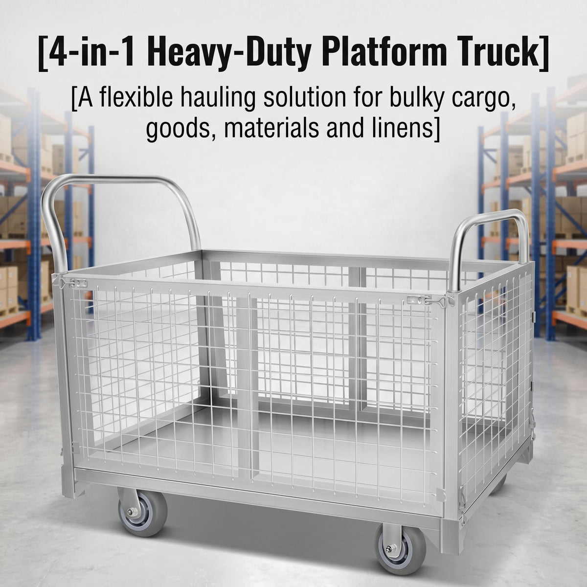 4-in-1 Platform Truck Cart with Cage, Heavy Duty Foldable Flatbed Push Cart with Swivel Casters, 2200 LBS Steel Load Capacity for Warehouse Commercial Industrial Cargo Storage & Transport