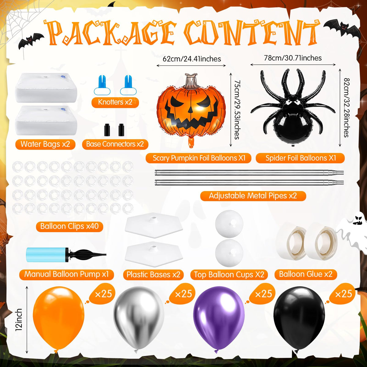 Kasyat 2 Sets Halloween Balloon Column Stand Kit with Scary Pumpkin Spider Foil Balloon Orange Purple Black Silver Arch Garland Kit for Spooky Birthday Party Halloween Theme Decoration