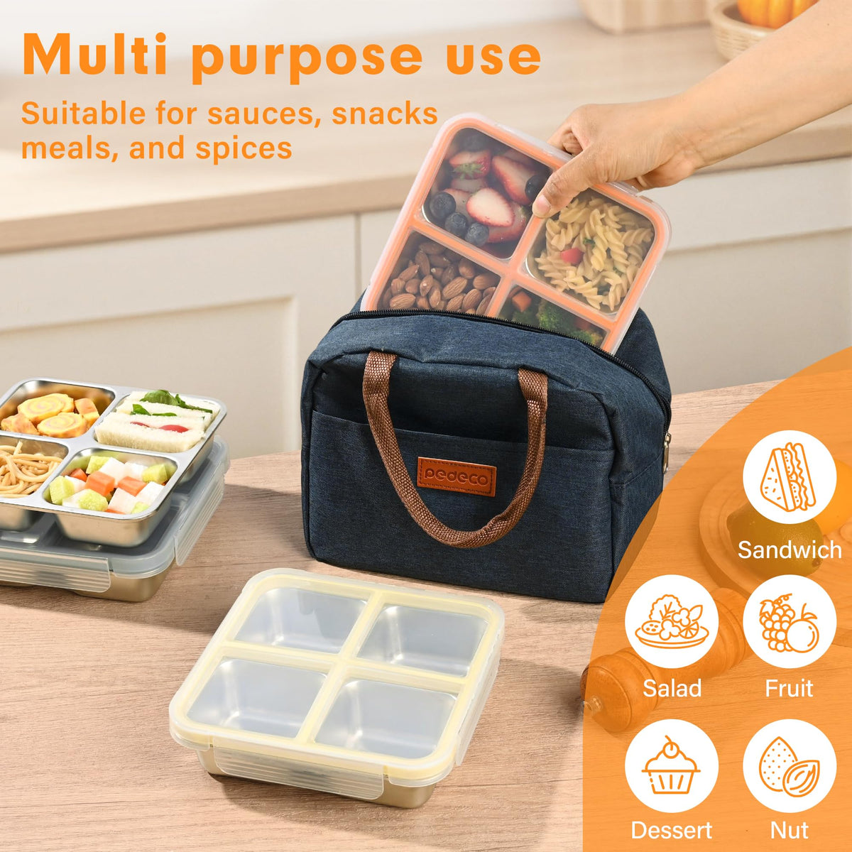 4 Pack Stainless Steel Snack Containers with Lids, Leakproof 4 Compartment Bento Lunch Boxes, Reusable Metal Meal Prep Food Storage Containers, Dishwasher Safe for Work, Travel, Picnic (4pack-A)