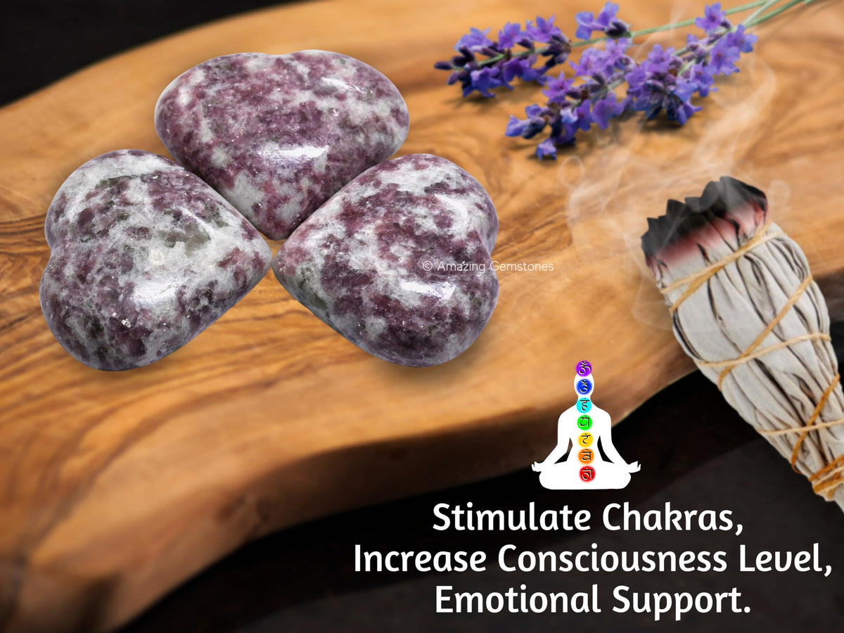 Lepidolite Crystal Heart Palm Stone - Pocket Massage Worry Stone for Natural Body Chakra Balancing, Reiki Healing and Crystal Grid
