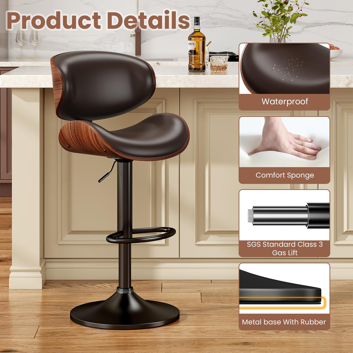 YaFiti Bar Stools Set of 3, Bentwood Adjustable Height Swivel Bar Stools, PU Leather Upholstered Bar Chair with Back and Footrest for Bar, Kitchen, Dining Room, Brown