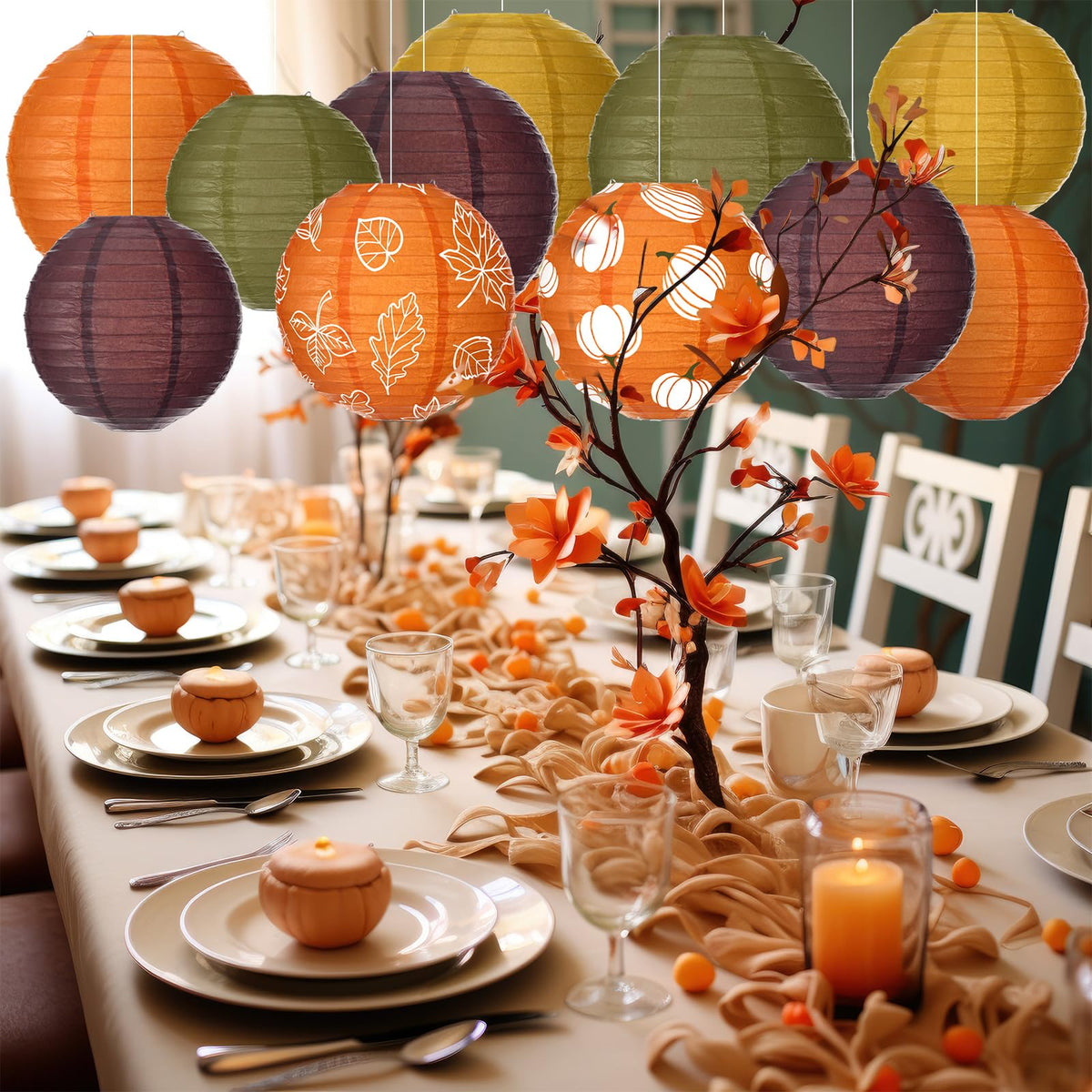 Bencailor 16 Pcs Thanksgiving Paper Lanterns Fall Party Paper Lanterns Dark Orange Pumpkin Round Thankful Maple Leaves Hanging Party Decorations for Autumn Harvest Outdoor Decor
