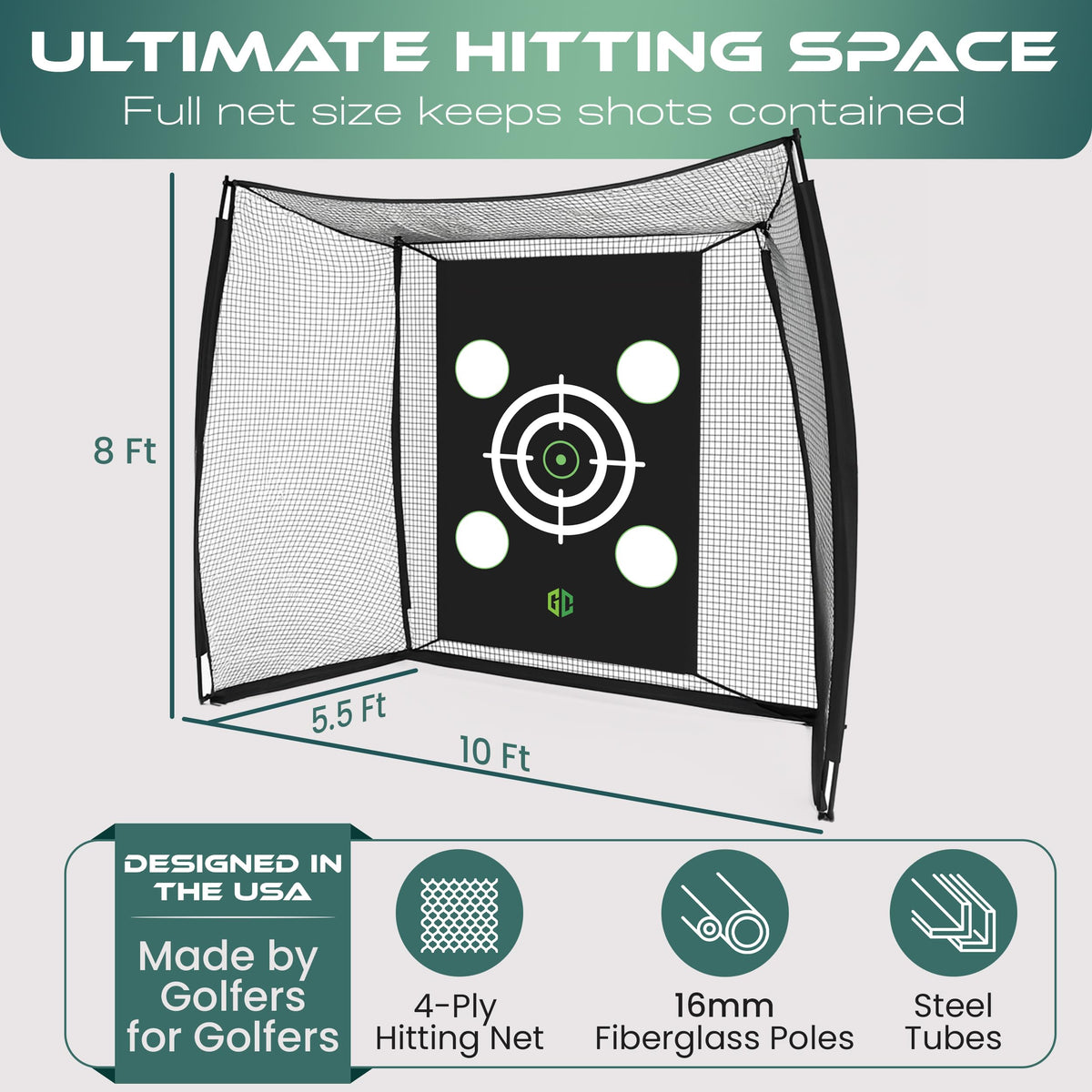 Heavy-Duty Golf Hitting Net 10x8x5.5 FT- Golf Practice Net with Silent Target Tarp, 4-Ply Net, Mat & Tee, Steel Tubes, Poles & Carry Bag - Golf Nets for Backyard, Indoor, Outdoor & Garage