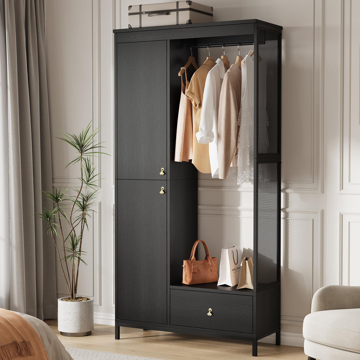 78.9" Armoire Wardrobe Closet with Shelves and Hanging Rod, Large Fixed Compartment for Bedding & Luggage, Open Design of the Hanging Area, Metal Frame Wardrobe Cabinet for Bedroom (1 Drawer, Black)