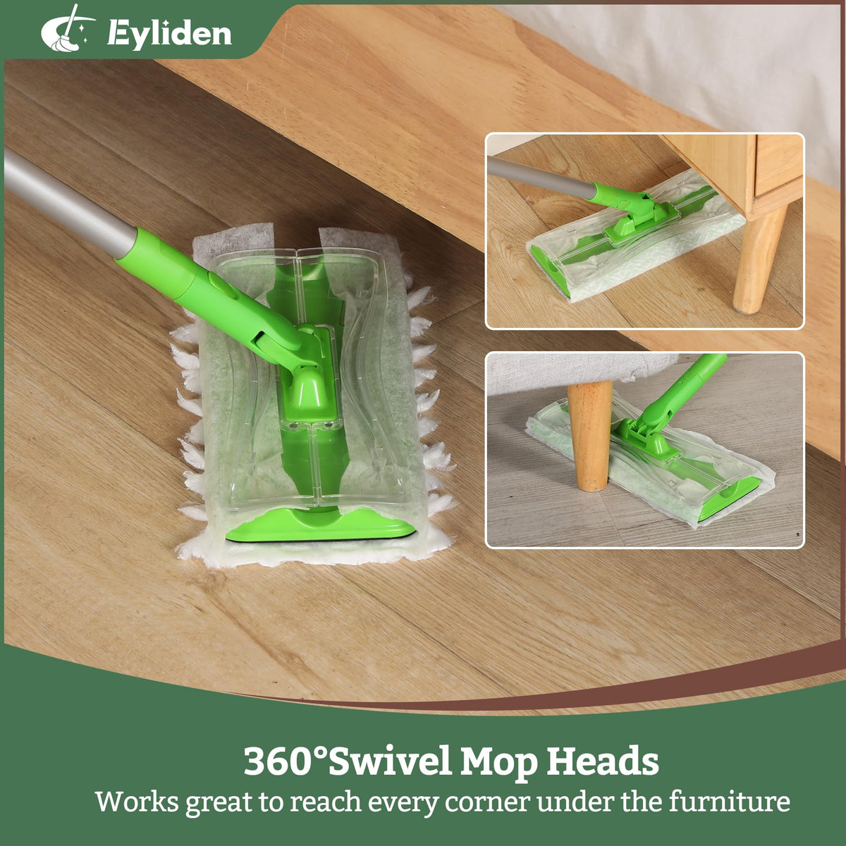 Eyliden Sweeper Mop with 36 Refills - 3 Types of Disposable Dry & Wet Cloths | Lock-Tight Design No Lost Pads, Universal Refills, Multi-Surface Sweeping Starter Kit for Pet Hair, Dust, Floor Cleaning