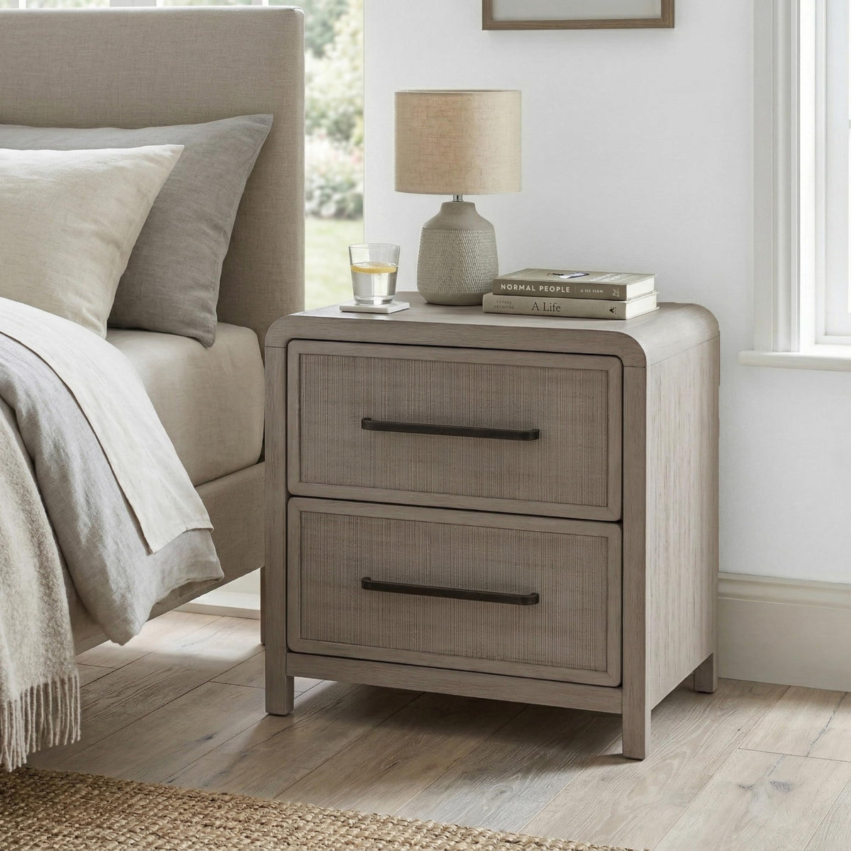 Furniture of America Austin Modern Solid Wood 24-inch 2-Drawer Nightstand with USB Ports, Cedar Bottom Drawer, No Assembly Required for Bedroom, Guest Room, Natural Oak