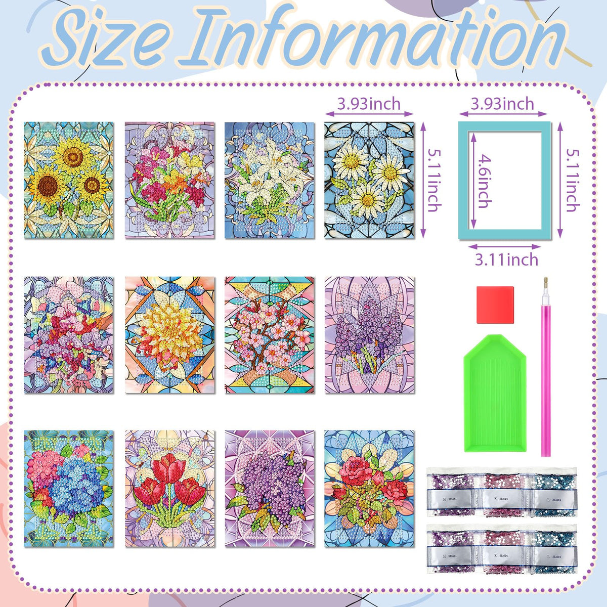 Saillong 24 Pcs Mini Flower Diamond Painting Kits, Small Diamond Art Kits for Adults, DIY Mini Square Drill Flower Gem Sets 1-Hour Painting for Beginners Home Desktop Decor, 5.12x3.94 Inch