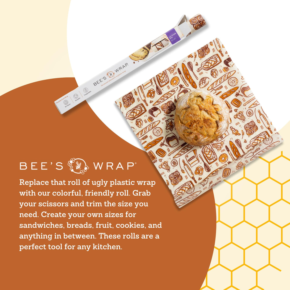 Bee's Wrap Beeswax Wraps for Food - Cut to Size 14x52" Beeswax Wrap Roll - Plastic Free Made in USA Reusable Natural Food Wrap - Bakery Lane