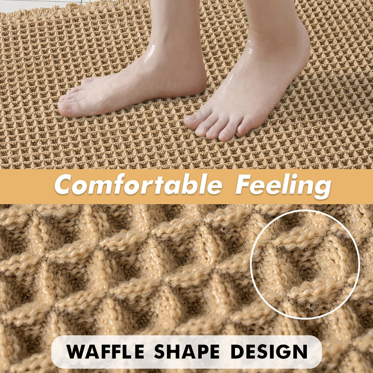 MIULEE Set of 2 Waffle Bathroom Rugs, Boho Bath Rugs Non Slip Washable, Super Absorbent Bath Mats, Ultra Soft Rubber Backed Shower Mats for Bathroom Floor, Tub and Shower, Brown, 18x30 Inch
