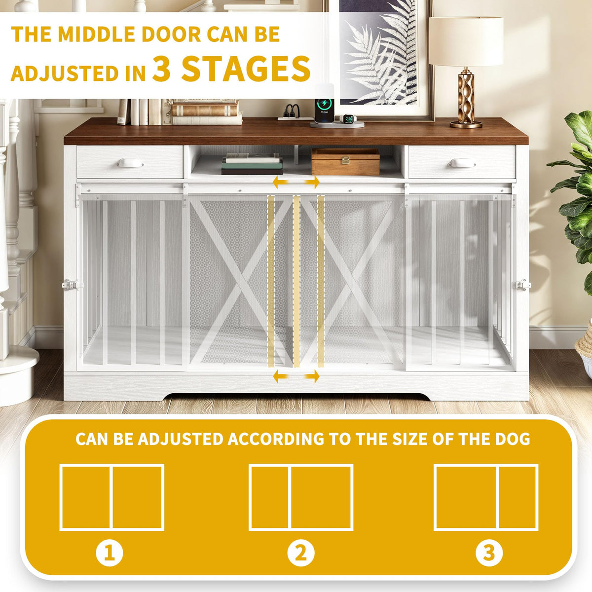 DWVO 63 Inch Double Dog Crate Furniture for 2 Dogs, Heavy Duty Wooden Dog Crate TV Stand with Charging Station, Dog Kennel Indoor Furniture Double Sliding Barn Door Design Ideal for 2 Dogs, White