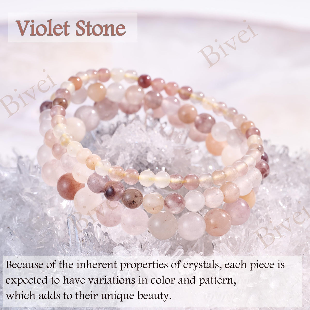 Bivei Violet Stone-Deep Peace-4mm Beaded Bracelets for Women Handmade Semi Precious Natural Stone Stretch Elastic Jewelry Yoga Protection Gifts