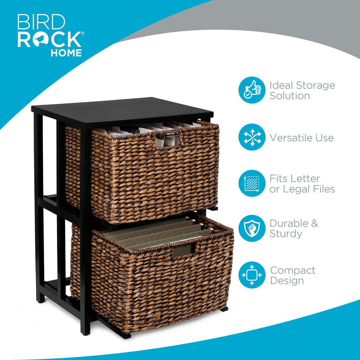 BIRDROCK HOME 2 Tiered File Cubby w/Wood Top - File Cabinet, Home Office Storage, Nightstand, Decorative Wooden Organizer | Desk, Modern Table, Shelves, Side Table, Craft Furniture - Brown Wash