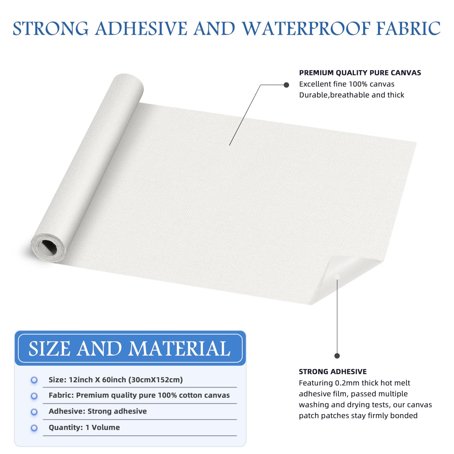 KING MOUNTAIN Canvas Iron on Patch,12"×60",Waterproof 100% Cotton Fabric Repair Patch,Used for Various Sofa,Tent,Clothes,Seats,Suitcases (White,Waterproof)