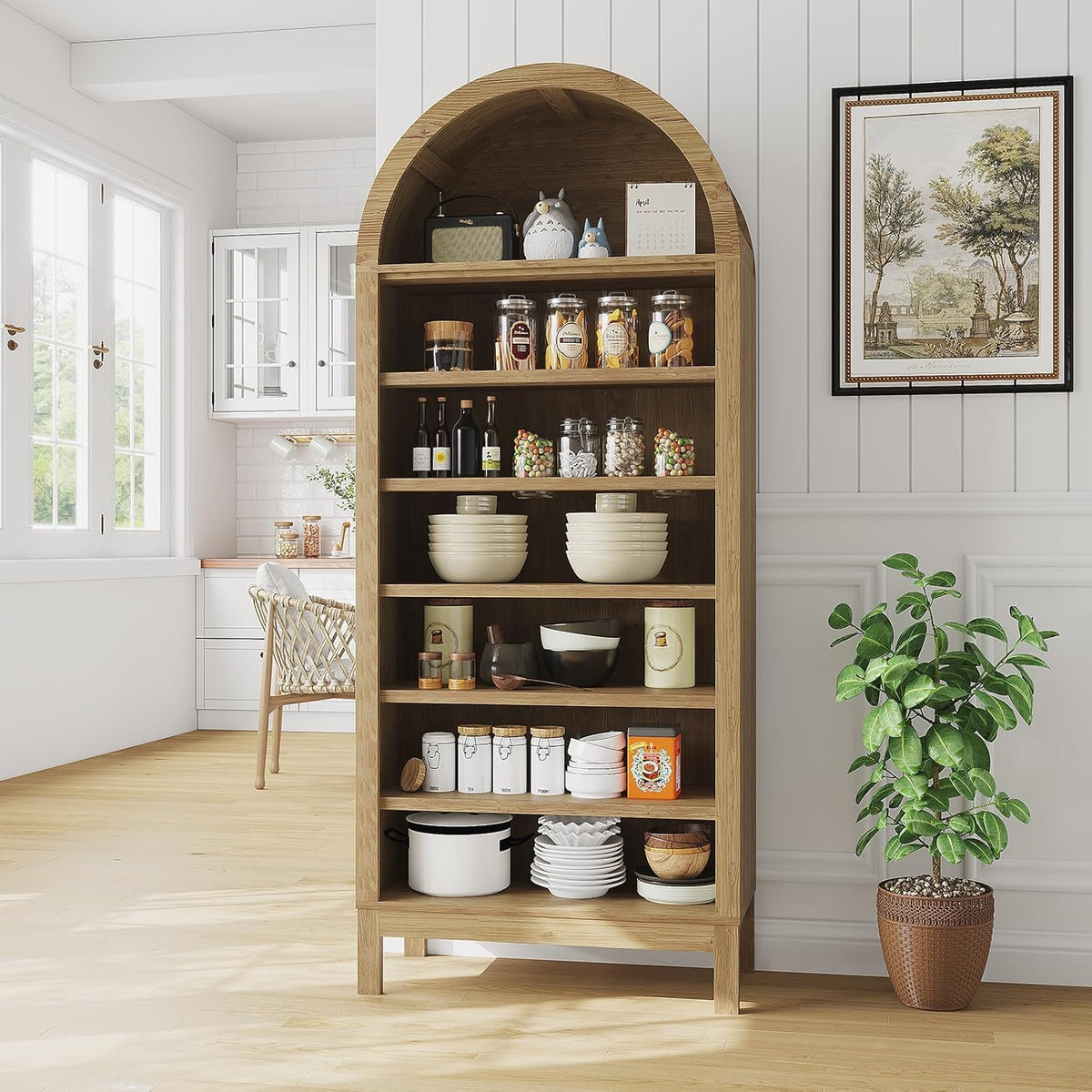 71" Tall Farmhouse Arched Display Cabinet with Adjustable Shelves, 7 Tier Arched Bathroom Storage Cabinet Bookshelf Bookcase Food Pantry Shoe Closet Shelf Organizer for Living Room Entryway Hallway