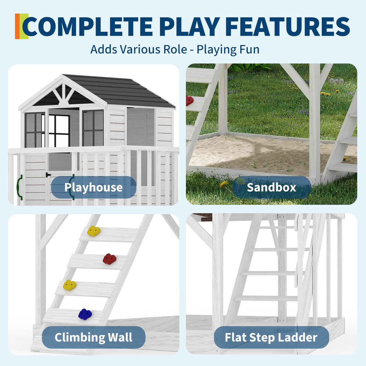 GarveeLife Outdoor Wooden Playhouse with Climbing Wall, 2 Story Wooden Playhouse with Step Ladder, Elevated Modern Cedar Playhouses Kids