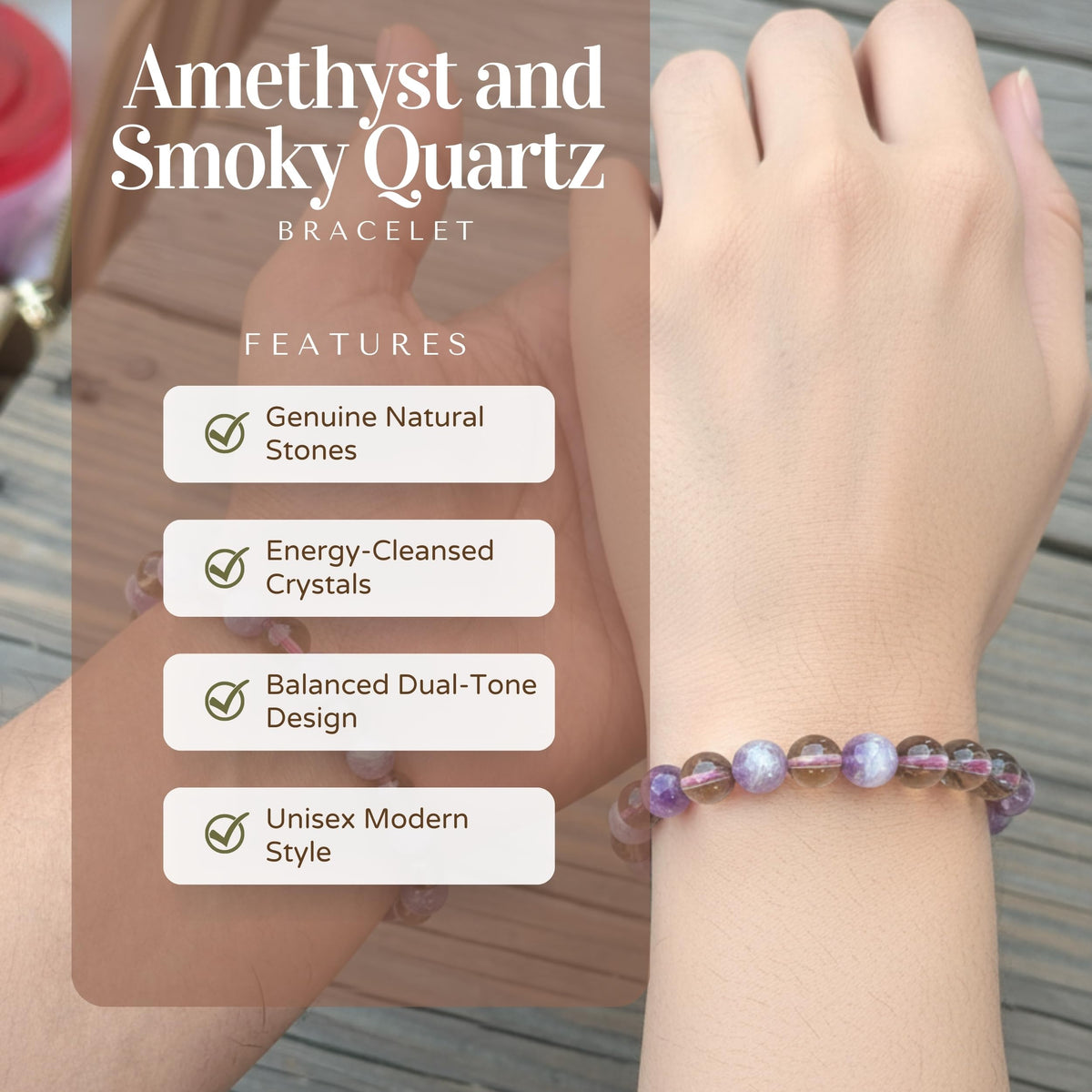 The Alchemist's Arcanum Adjustable Beaded Wrist Accessory for Men and Women, Stretch Fit Stone Bead Jewelry for Daily Wear and Gifting (Amethyst & Smoky Quartz)