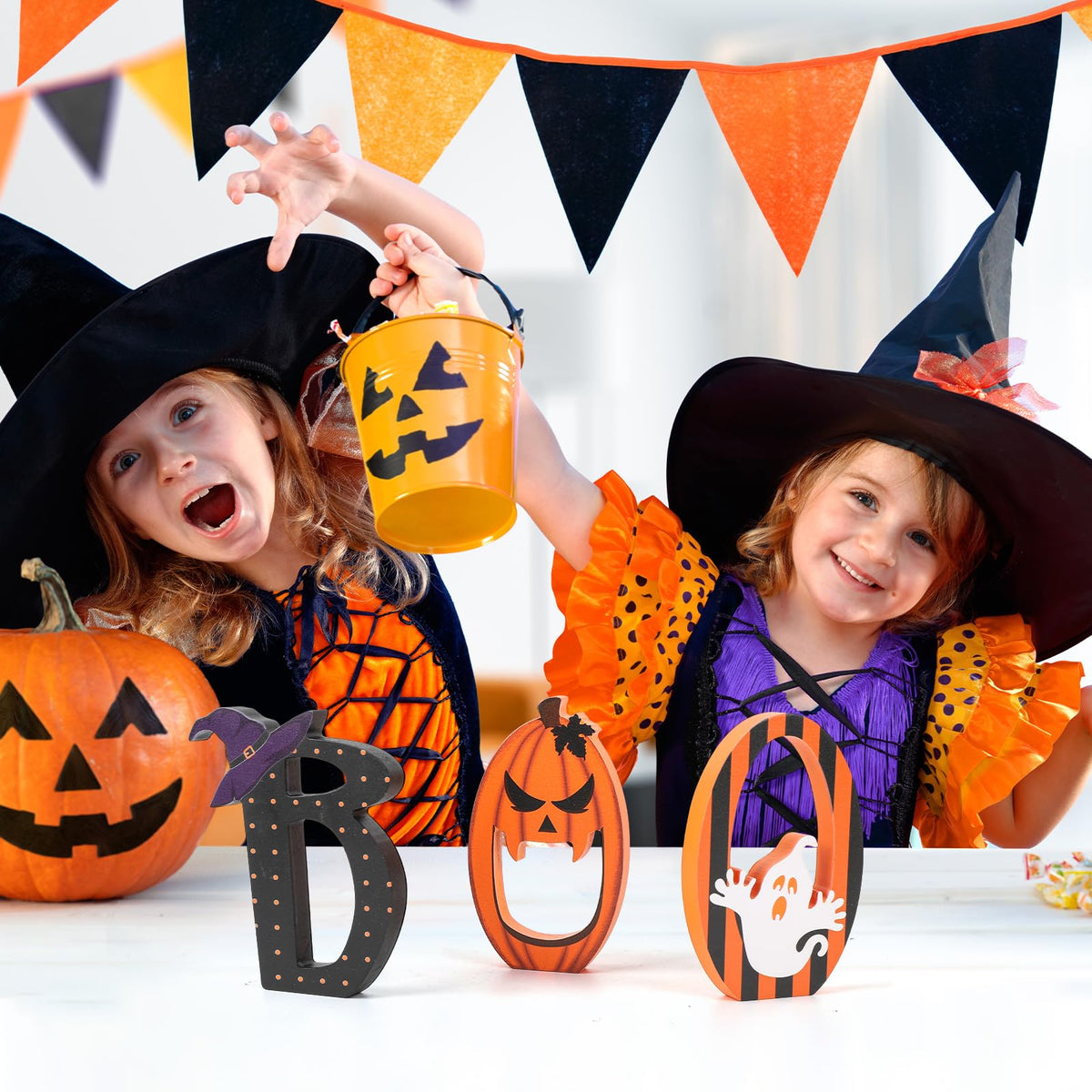 COCHIE BOO Signs Halloween Table Decorations Indoor, Retro Halloween Black Orange Tiered Tray Decor Set of 3, Wooden Happy BOO Day Decoration Sign for Party Home Shelf Display (Ghost)