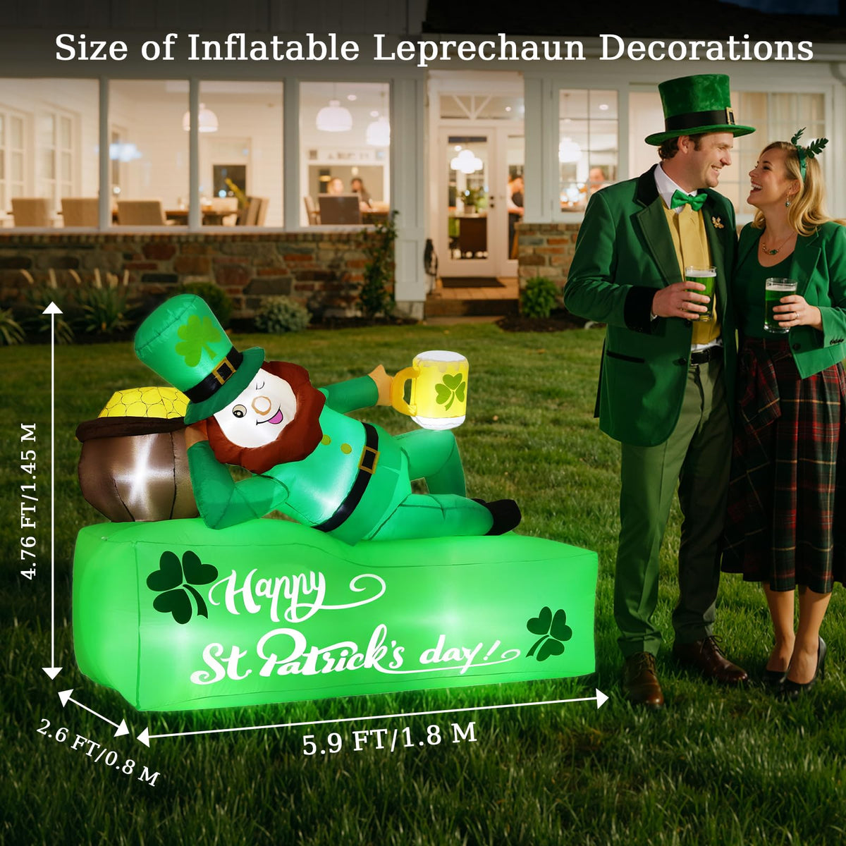 Lewondr 5.9FT St Patricks Day Inflatable Outdoor Decorations, Inflatable Leprechaun Lay on The Bed with Shamrocks, Blow up Yard Decoration with 6 Build-in Lights for Holiday Party Yard Lawn Garden