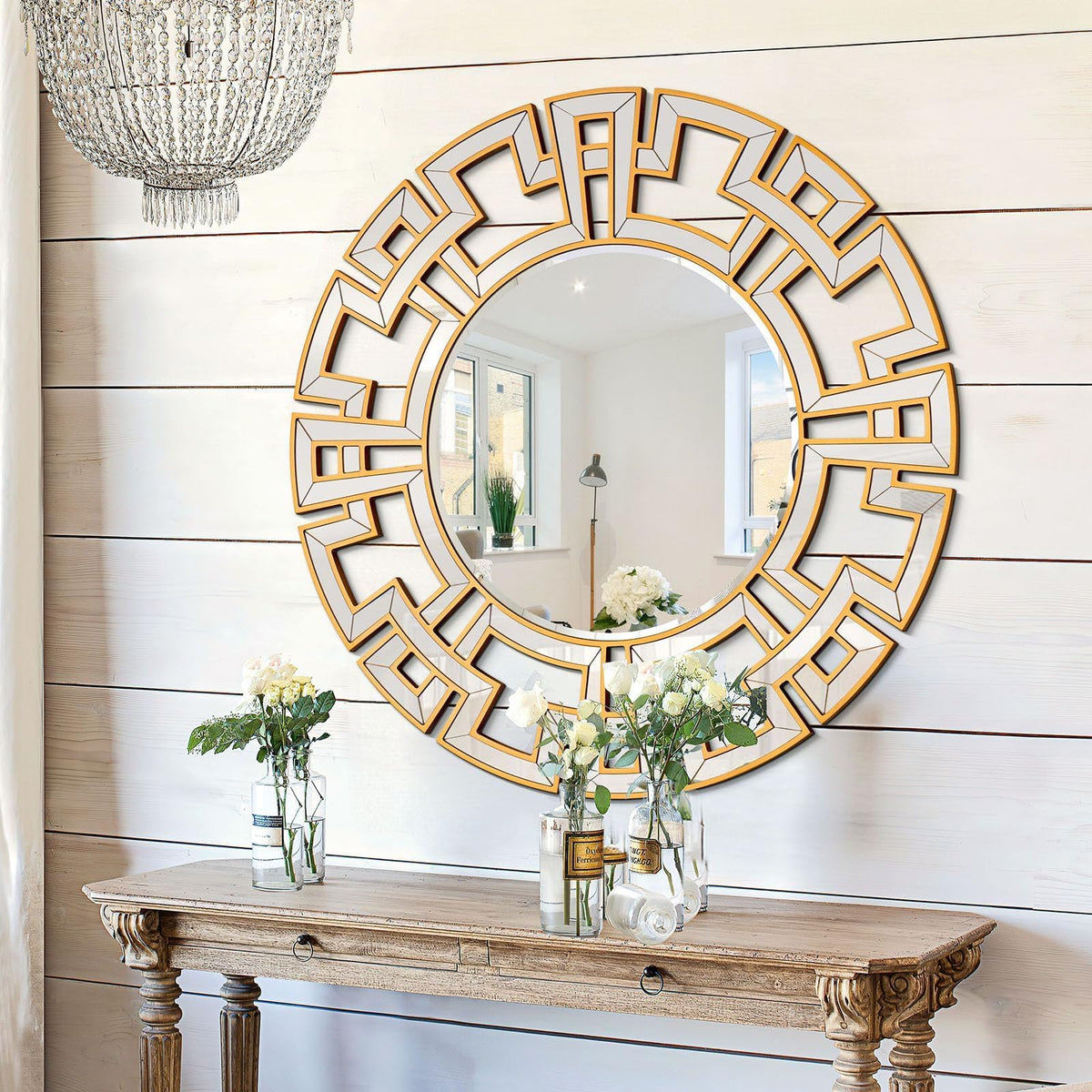 Chende Large Round Mirror, 40'' Modern Living Room Mirrorr with Beveled Glass Edge, Gold Decorative Wall Mirror with Wooden Frame for Dining Room, Entryway, Mantel, Bathroom