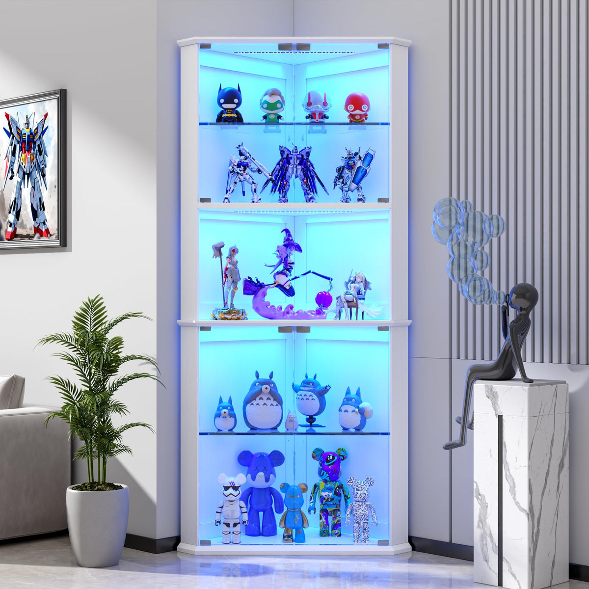 kepptory 71.6" Corner Display Cabinet with LED Lights, 5-Tier Tall Curio Cabinet with Adjustable Glass Shelves&Glass Door, Wine Cabinet for Living Room, Home Bar (White, 25.2''x21.6''x71.6'')