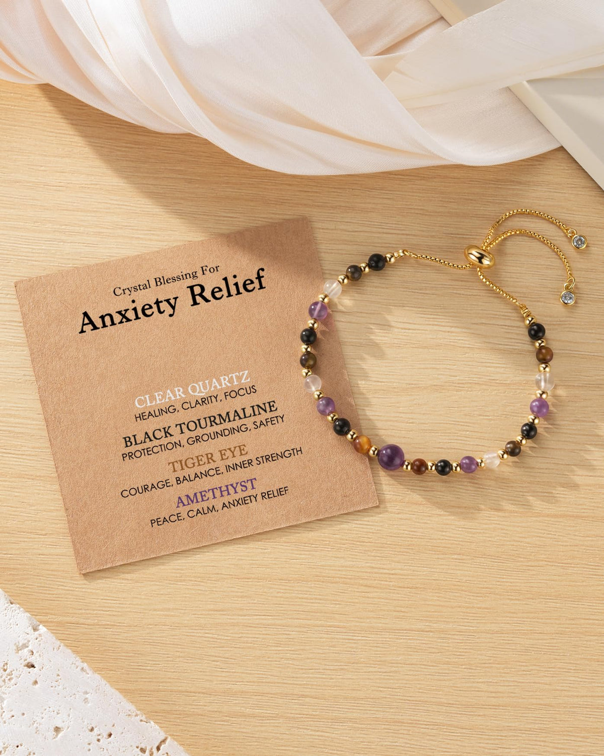 HGDEER Anxiety Relief Items Beaded Bracelets for Women Stress Crystal, Healing Amethyst Tigers Eye Depression Jewelry Fashion Gemstone Purple Stone Anti Tourmaline Natural Gifts Panic Attack Mental