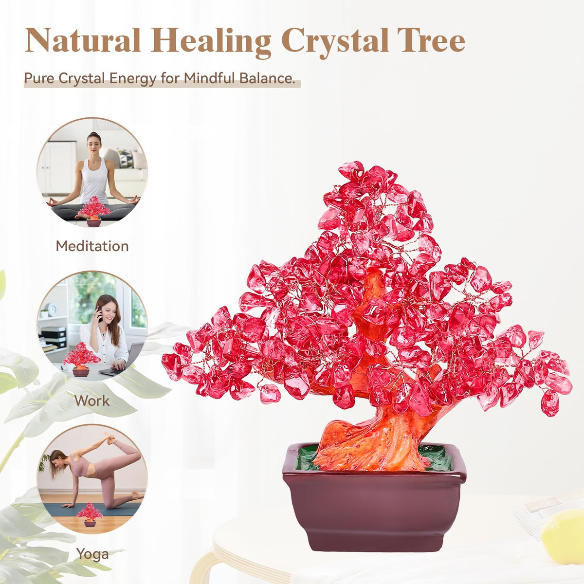 AzureLeap Feng Shui Quartz Crystal Money Tree Bonsai Style Decoration for Luck and Wealth (Red)