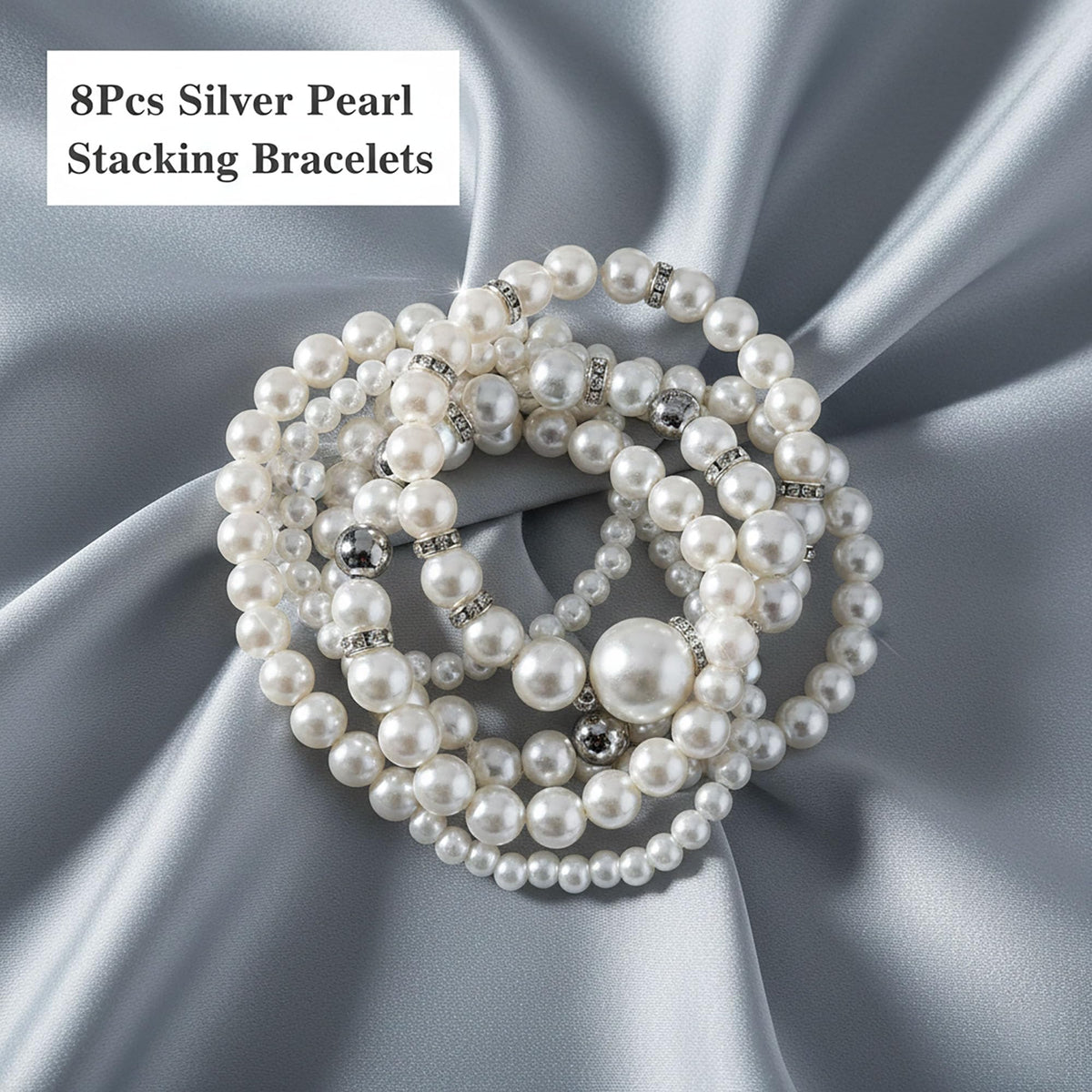 GIYAWA 8pcs Sliver Faux Pearl Bracelets for Women, Stackable Stretchy Bridal Jewelry Set, Elastic Layered Bracelets for Wedding Bridesmaid Party Prom Christmas