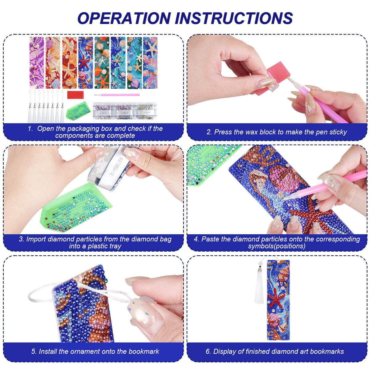 cnomg Diamond Art Bookmarks Kit for Adults 8 Pack Ocean Sea Shell Diamond Painting Bookmarks with Tassels 5D DIY Gem Art Bookmark Set for Craft Lovers Reading Gifts for Book Lovers Women