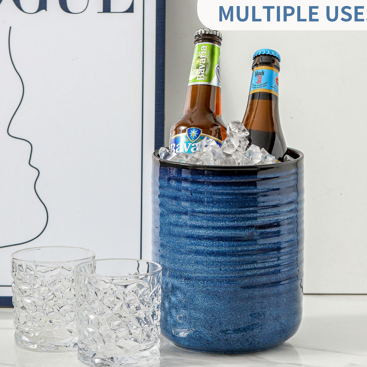 HASENSE Large Ceramic Utensil Holder, 7.4" Kitchen Utensil Crock for Countertop, Modern Farmhouse Utensil Organizer Caddy for Cooking Utensil Set, Blue Kitchen Decor