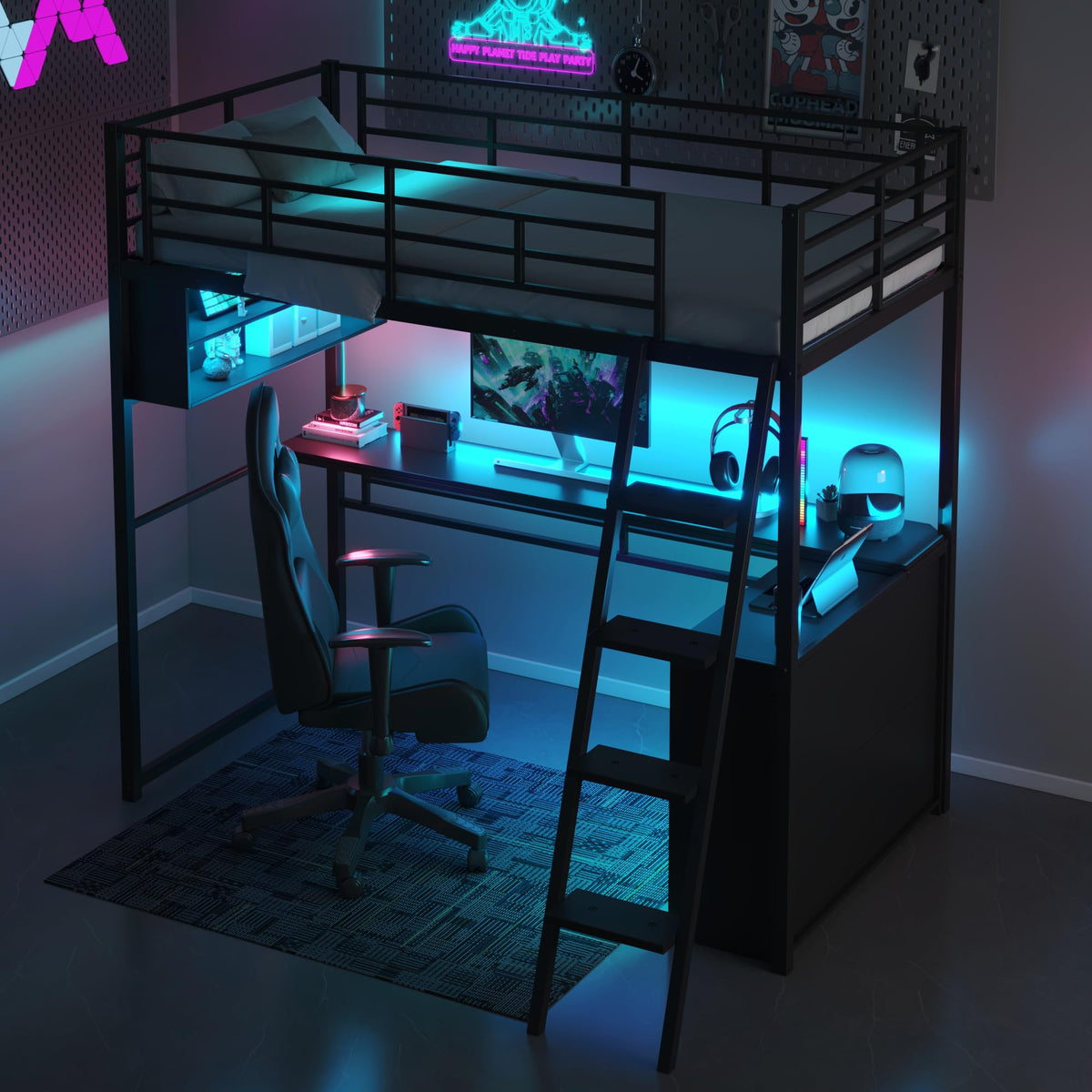 Metal Twin Size Loft Bed with Desk and LED Light,Heavy Duty Loft Bed Frame with Storage Shelves and Inclined Ladder for Kids,Adults,Twin Size,Black