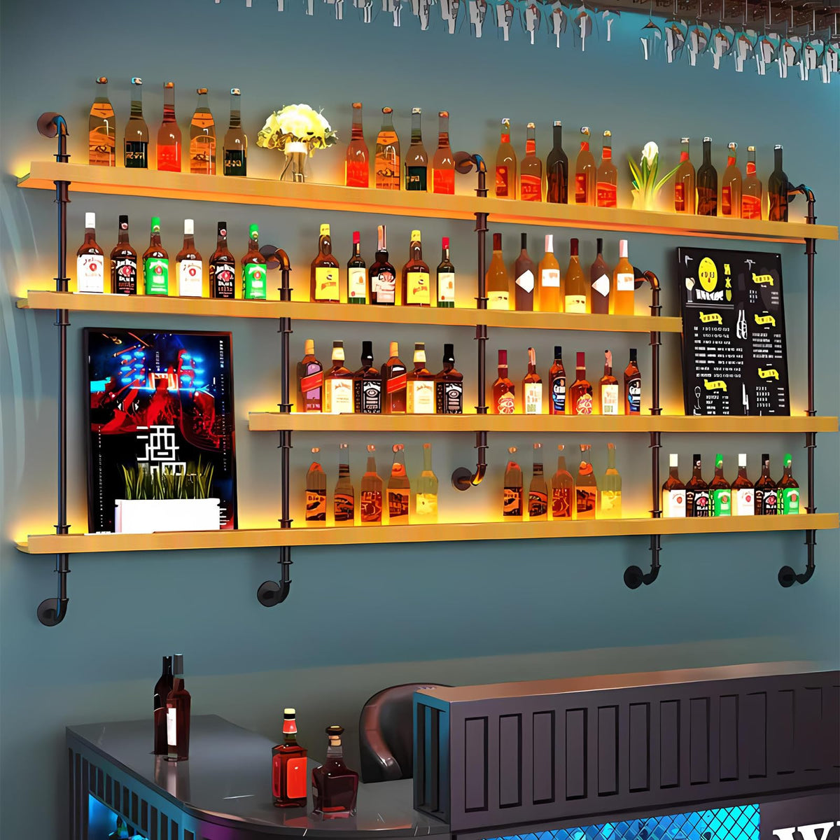 Dawselod Wall-Mounted Wine Rack with LED Lights 4-Tier Wooden Floating Bar Shelves Creative Large Wine Bottle Display Rack Hanging Shelf, for Home Bar Kitchen,Living Room (Wood, 180cm/71in)