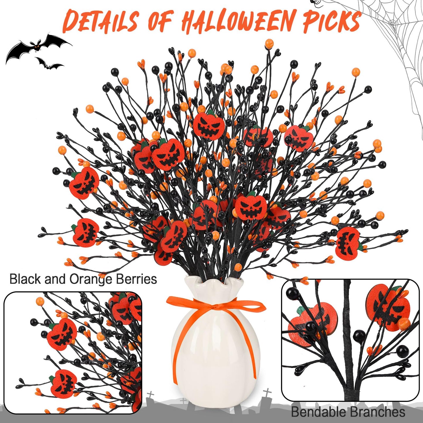 JUNEBRUSHS 6 Pcs Artificial Pumpkin Stems with Black Branches and 2 Roll Ribbons for Halloween Vase Bouquet Arrangement Wreath Table Centerpiece Home Party Decor