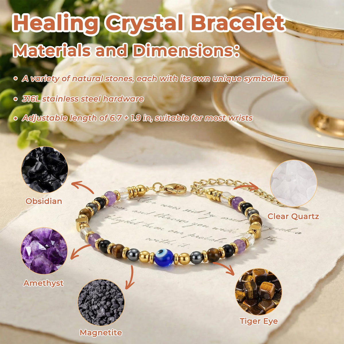 QINJIEJIE Evil Eye Bracelet for Women Fivefold Protection Gifts Black Obsidian Tigers Eye Evil Eye Beads Healing Crystal Guardian Bracelet Gift for Women Friends