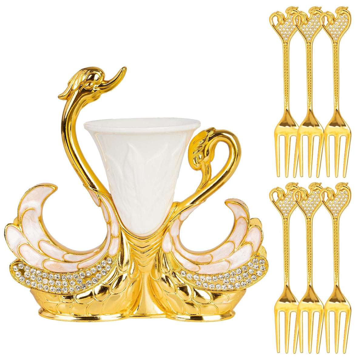 Gold Dessert Forks, Swan Base With 6 Pcs Mini Forks Set,4.5" Charcuterie Forks- Very Suitable for Dessert Shops or Family Use