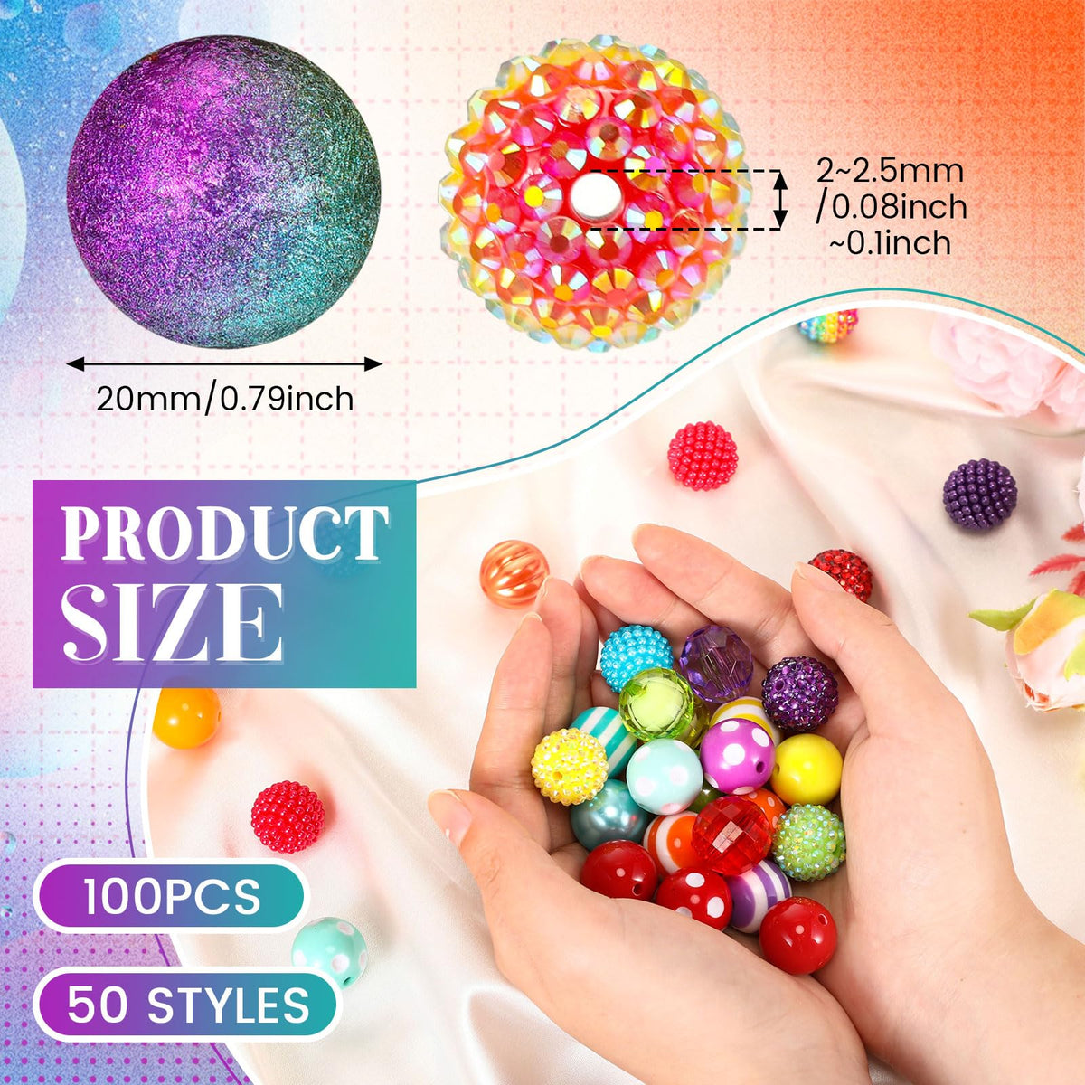 Huquary 100 Pcs 20mm Rhinestone Bubblegum Beads for Pens Mixed Crystal Resin Chunky Beads for DIY Craft Keychain Necklace Bracelet Jewelry Making(Rainbow Color)