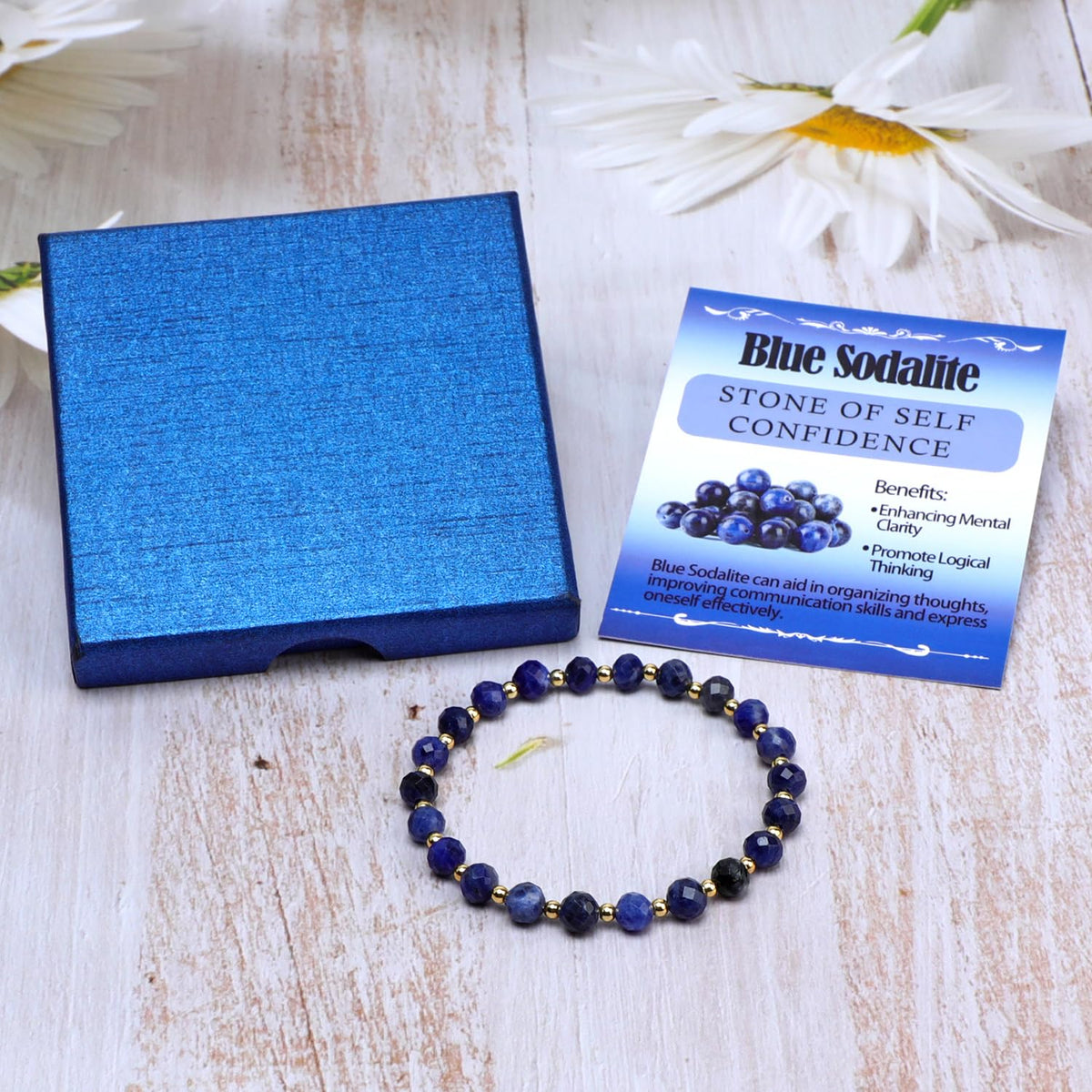 QOGIR Blue Sodalite - Self Confidence - 14K Gold Plated Beads Natural Gemstone Stretch Elastic Dainty Healing Beaded Bracelets Gifts 6mm