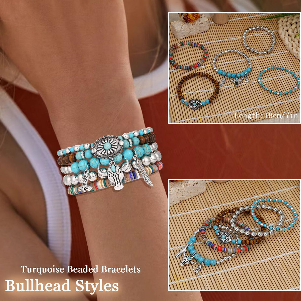 COLOYAN 28PCS Western Bracelets for Women Stackable, Stretch Charm Bohemian Bracelet Stacks, Vintage Turquoise Bead Bracelet Western Jewelry