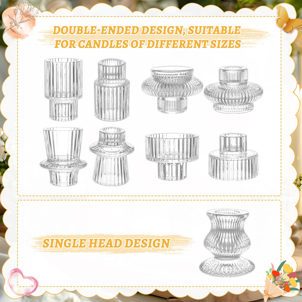Ovveroche 10 Pcs Glass Candlestick Holders Set, Glass Crystal Taper Candle Holders Striped Vintage Reversible Clear Candle Stick Holder Ideal for Wedding, Party, Festival Celebrations, 5 Styles