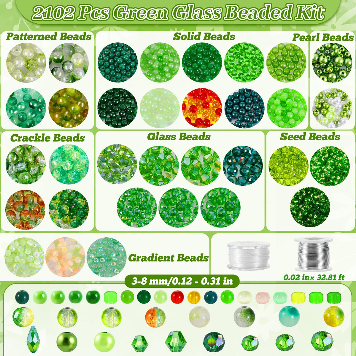 2102 Pcs Green Glass Beads for Bracelets with Elastic String,Green Beads for Beaded Plants,6mm Glass Beads for Jewelry Making Crystal Round Beads for Bracelet Necklace Beaded Plant DIY Crafts