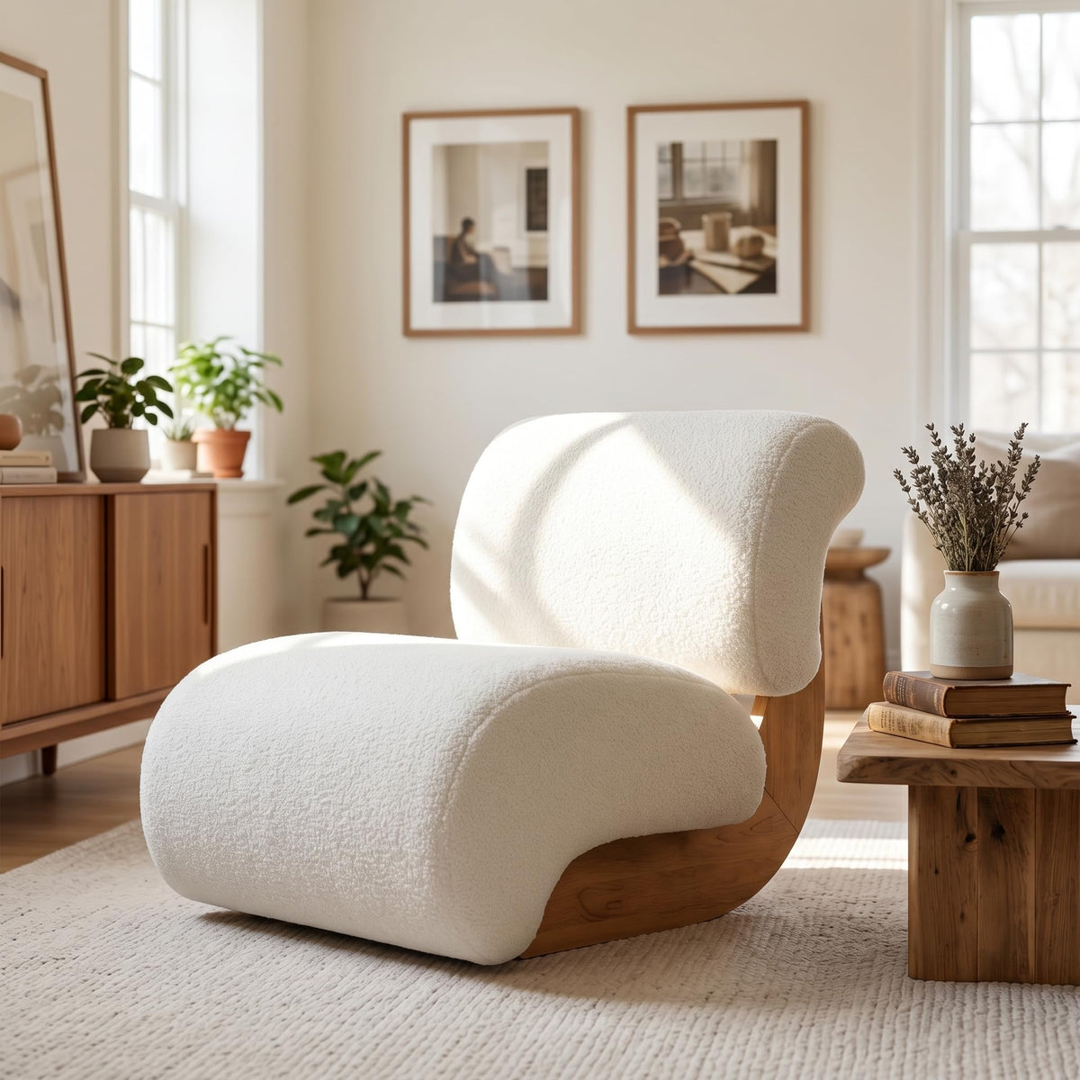 Merax 28" Modern Curved Boucle Accent Chair with Solid Wood Base, Mid-Century Armless Upholstered Slipper Lounge Chair for Living Room, Bedroom, Reading Nook, Natural + Beige